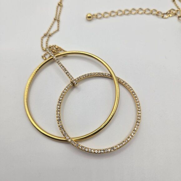 Kate Spade Gold-Tone Double Circle Pendant Necklace Rhinestones Long 20-24" - Picture 2 of 7